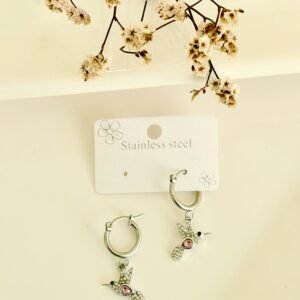 Aros de acero, argollas, con colgante, colibrí rosa.