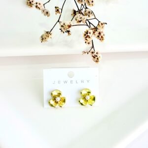 Aros con pasante, dorado, forma de flor con perla