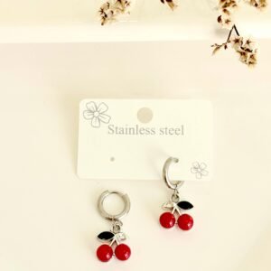 Aros de acero, argollitas clip con colgante cherry.
