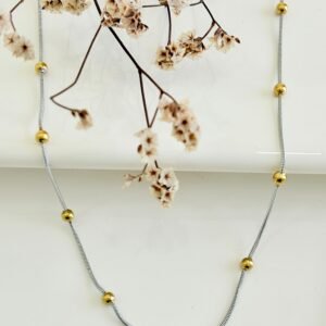 Cadena de acero, cola de ratón con pelotitas doradas. 1.2mm x50 cm.