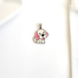 Dije de perro esmalte blanco y rosa.