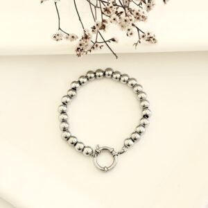Pulsera acero, pelotitas con gancho marinero. x19cm.
