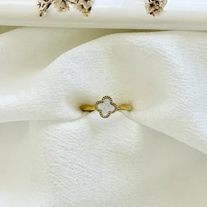 Anillo de acero dorado, trébol blanco.