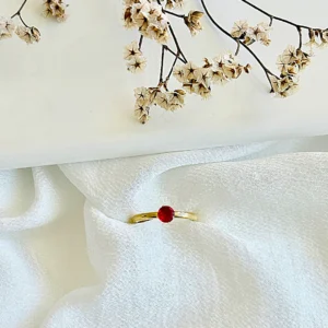 Anillo acero dorado con piedra roja.